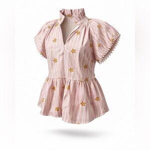 New! $90 THML Striped Pink Peplum Floral Embroidered Top SZ L